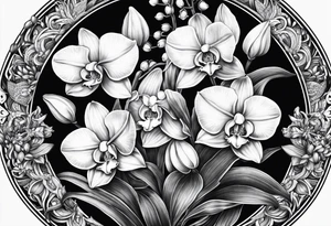 Honeysuckle lily of the valley orchid  snapdragon mandala black tattoo design tattoo idea