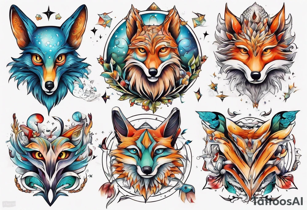 fisch, fuchs und eule , symetrie universum, bunt tattoo idea