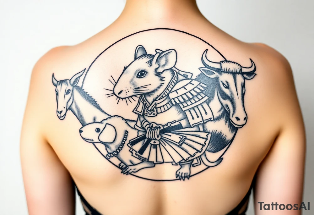 Japanese style tattoo with rat dressed as a Japanese samurai warrior. Surrounding the rat is a goat, dog, and ox all dressed up sumurai style. Whole tattoo fits within a round shape without circular border tattoo idea