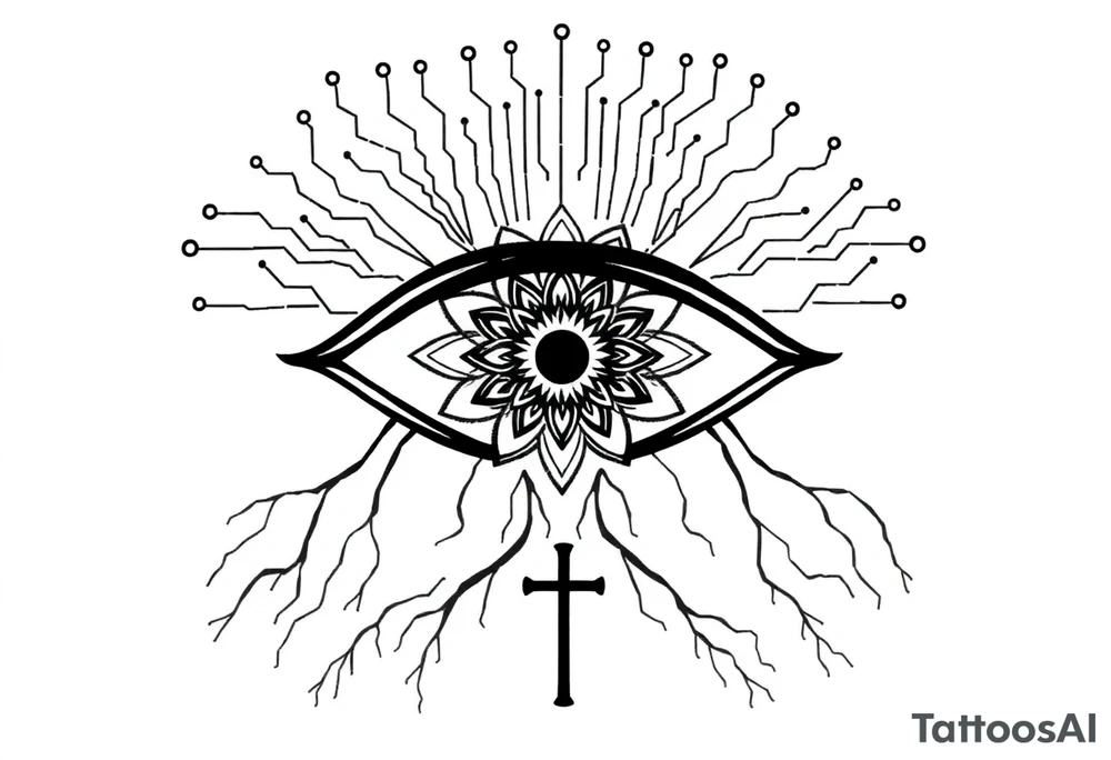 Central Element: A large, stylized eye is the focal point.

The iris of the eye is filled with a mandala pattern, symbolizing depth, balance, and inner awareness.

The lines are fine and clean, forming symmetrical layers and floral-like geometry within the mandala.

Upper Design: From the top of the eye extend circuit-like branches, mimicking electronic pathways.

These lines rise vertically and diagonally in symmetrical fashion, ending in rounded circuit nodes, representing intelligence, logic, and the digital mind.

Lower Design: From the bottom of the eye extend natural tree roots.

These branches flow organically and curve outward, grounding the symbol with themes of nature, growth, and spiritual connection.

Text Element: Below the tree roots is the word "σοφία" in Ancient Greek, meaning wisdom.

The font is clean and classical, giving it a timeless, philosophical presence.

Religious Symbol: Directly below the Greek word is a simple, black cross.

The cross is thin, minimal, and vertically aligned with the center of the eye, representing faith, spirituality, or divine guidance.

Placement: back tattoo idea