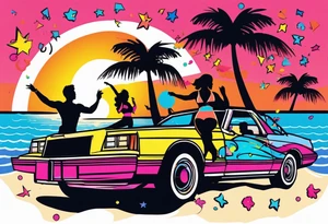 1980's miami vice style beach dance 
party, include confetti, music notes, boom box, SILHOUETTE bikinis sunset in the center tattoo idea