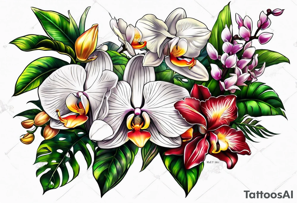 Tropical plants and orchids full sleeve tattoo idea