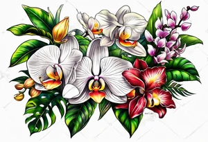 Tropical plants and orchids full sleeve tattoo idea
