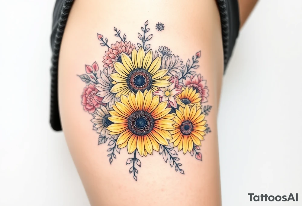 Bouquet of sunflowers, water Lillies, dahlias, marigolds, carnations, hydrangeas, daisys, and chrysanthemums tattoo idea