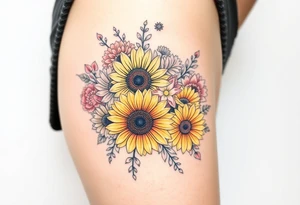 Bouquet of sunflowers, water Lillies, dahlias, marigolds, carnations, hydrangeas, daisys, and chrysanthemums tattoo idea