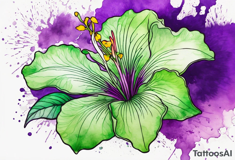 An outline of a green rio dipladenia flower and a purple watercolor splash in the background tattoo idea