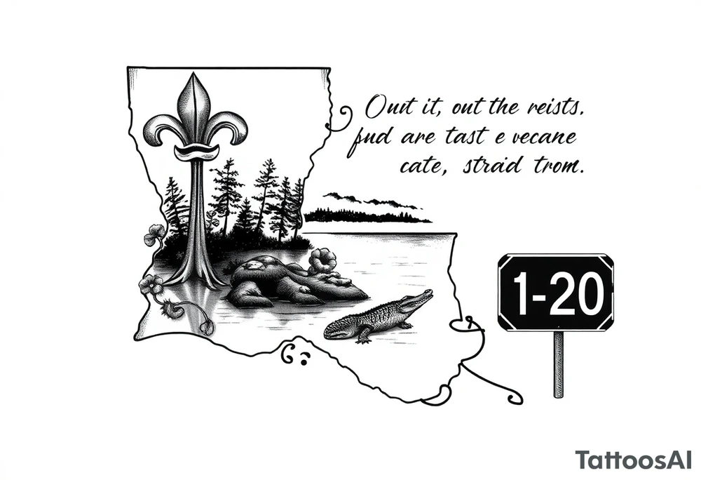 Louisiana state outline with fleur-de-lis, a bayou with a gator and trees , the 318 area code and and quote that says  Out the dirt, out the water, straight from 318 , a sign that says I- 20 tattoo idea