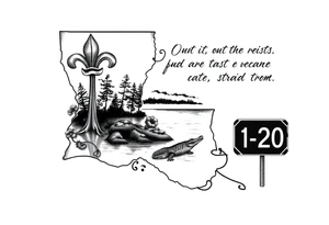 Louisiana state outline with fleur-de-lis, a bayou with a gator and trees , the 318 area code and and quote that says  Out the dirt, out the water, straight from 318 , a sign that says I- 20 tattoo idea