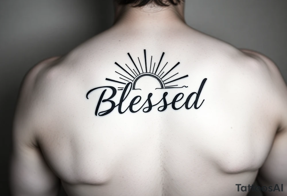 a forearm tattoo with the word blessed having rays of sunshine behind it tattoo idea