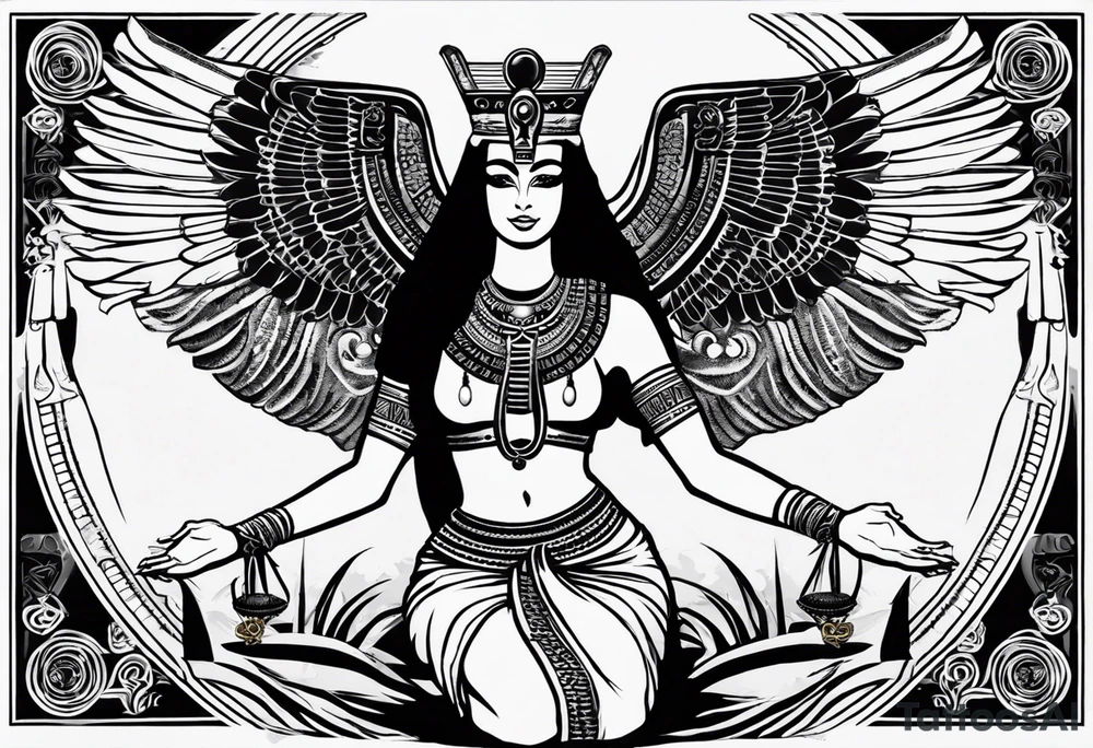 black and white Egyptian goddess Isis, who is often depicted as a woman with outstretched wings, holding an ankh (a symbol of life) in one hand and a lotus flower in the other. Her headdress often includes a throne or a solar disk. The tattoo design can vary in style and size, but it typically aims to capture the essence of this revered Egyptian deity, emphasizing her beauty, power, and maternal qualities. The choice of colors and additional elements can also be customized to create a unique and visually striking representation of the goddess Isis tattoo idea