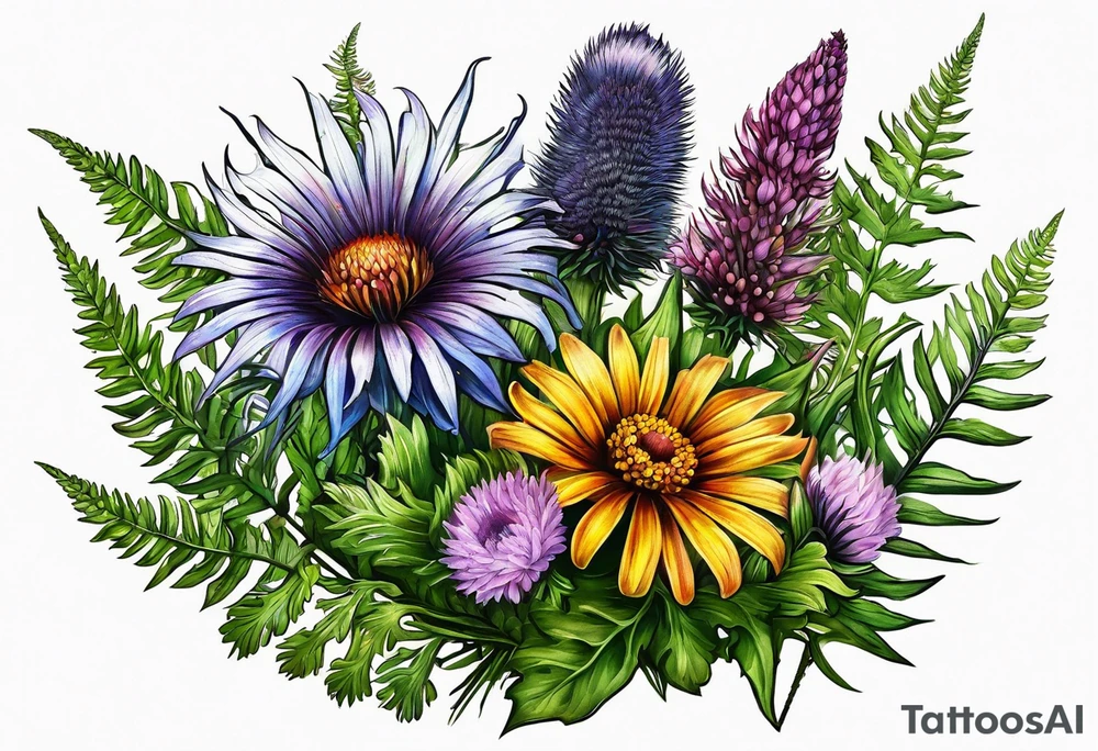 small vertical mixed wildflower bouquet with ferns, thistle and with color tattoo idea