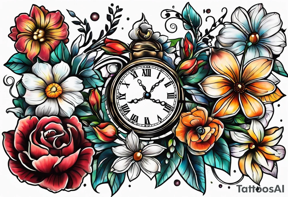3 clocks and June flowers October flowers and December flowers tattoo idea