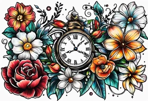 3 clocks and June flowers October flowers and December flowers tattoo idea