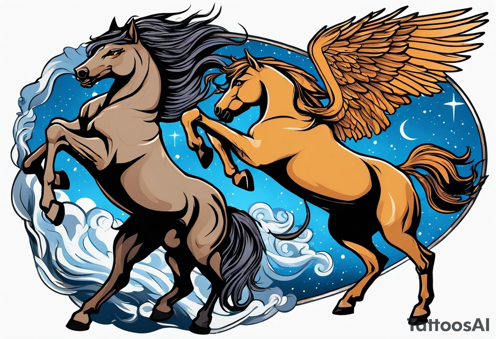 Female werewolf and Pegasus fighting each other in the night tattoo idea