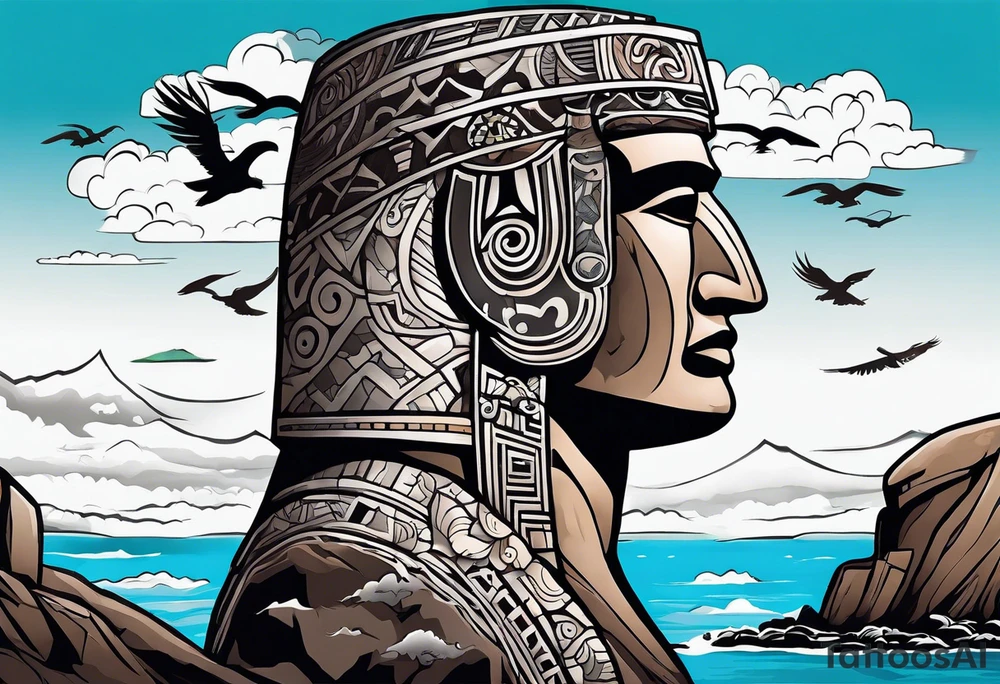 Upper arm piece of Easter island heads on an island landscape and hawk circling above tattoo idea
