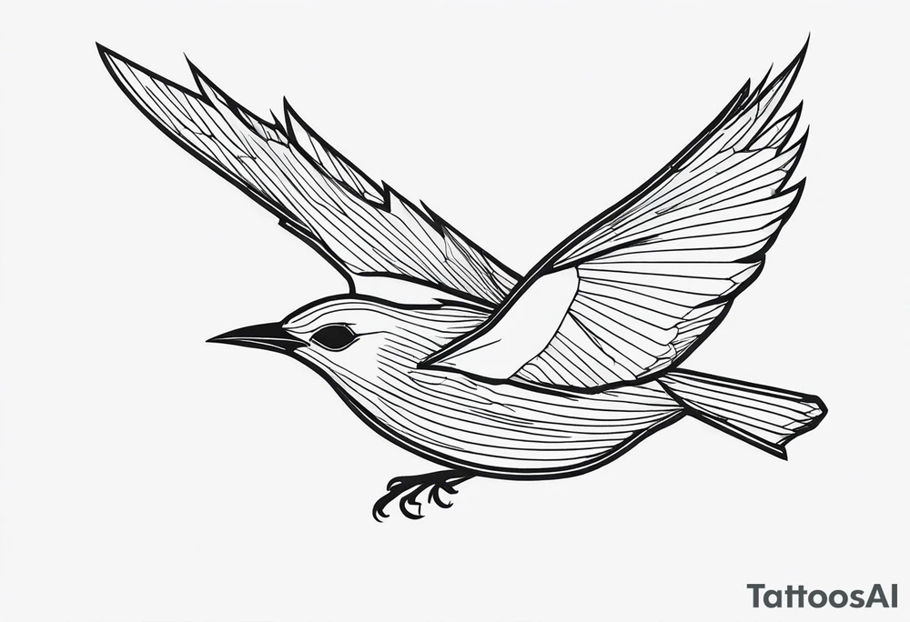 Create just the outline of a blackbird in flight as viewed from above the bird. Use only black ink. tattoo idea