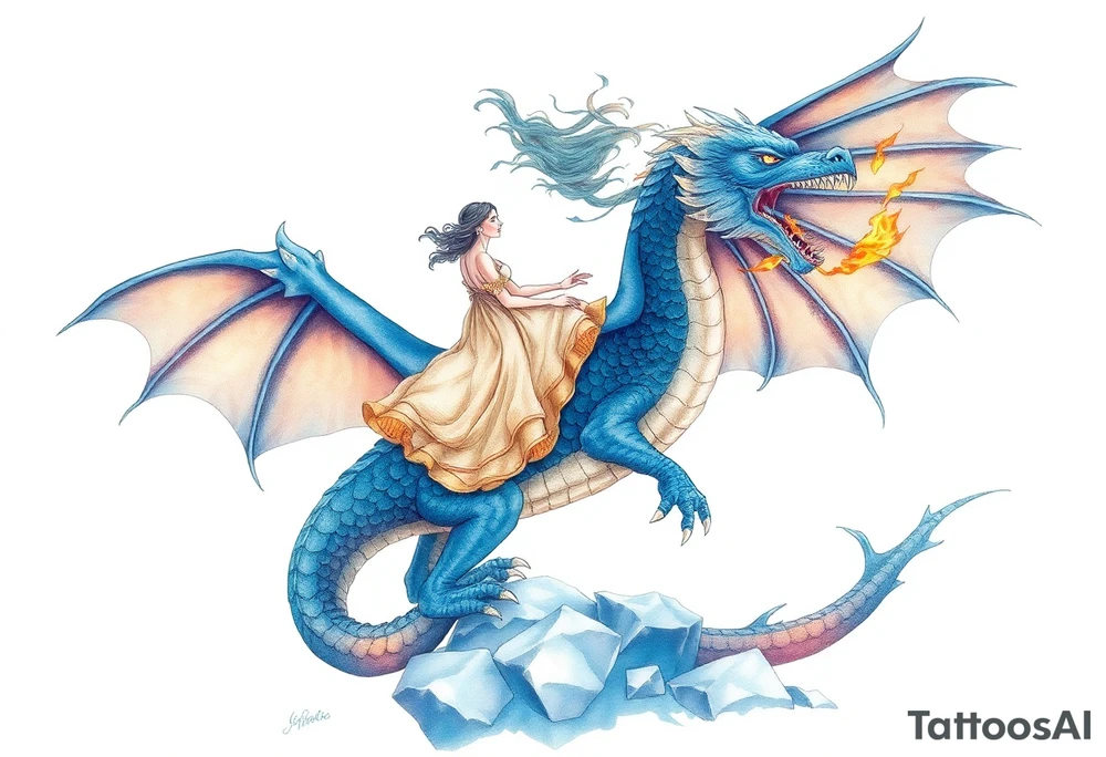 Woman riding a blue fire breathing dragon with wings spread and flying over ice tattoo idea