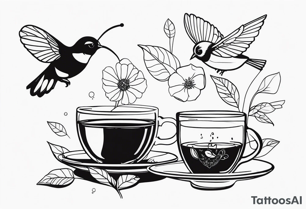 Tea bag with 757 on it, three fine line whimsical birds and a bumble bee tattoo idea