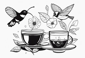Tea bag with 757 on it, three fine line whimsical birds and a bumble bee tattoo idea