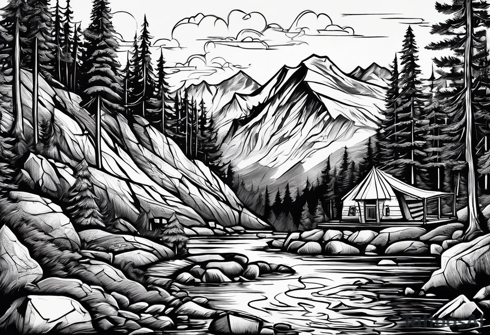 small camp fire at the base of a mountain tattoo idea