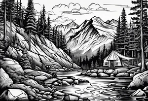 small camp fire at the base of a mountain tattoo idea