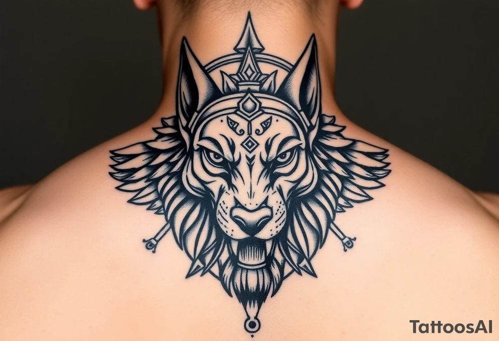 Egyptian Anubis god powerful face muscle in Egypt style dog face surrounded Egyptian symbols tattoo idea
