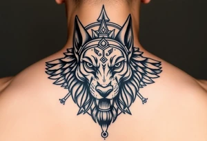 Egyptian Anubis god powerful face muscle in Egypt style dog face surrounded Egyptian symbols tattoo idea