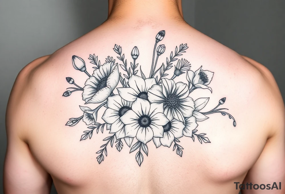 poppy, gladiolus, holly, narcissistic, poinsettia, daisy, and sweet pea flowers in a Bouquet tattoo idea