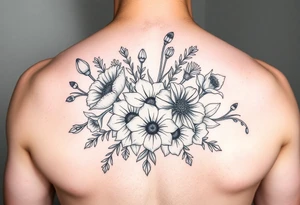 poppy, gladiolus, holly, narcissistic, poinsettia, daisy, and sweet pea flowers in a Bouquet tattoo idea