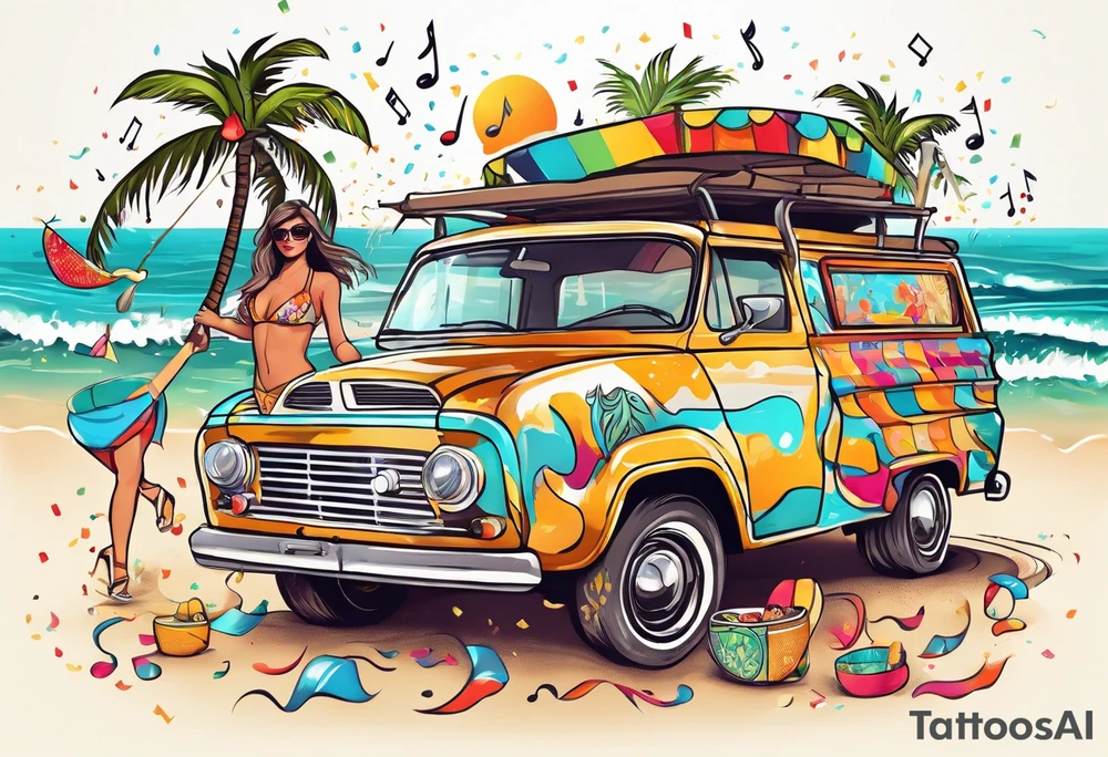 SURFING SAFARI BEACH DANCE 
PARTY WITH CONFETTI AND MUSIC NOTES, TROPICAL DRINKS, SEXY BIKINIS tattoo idea