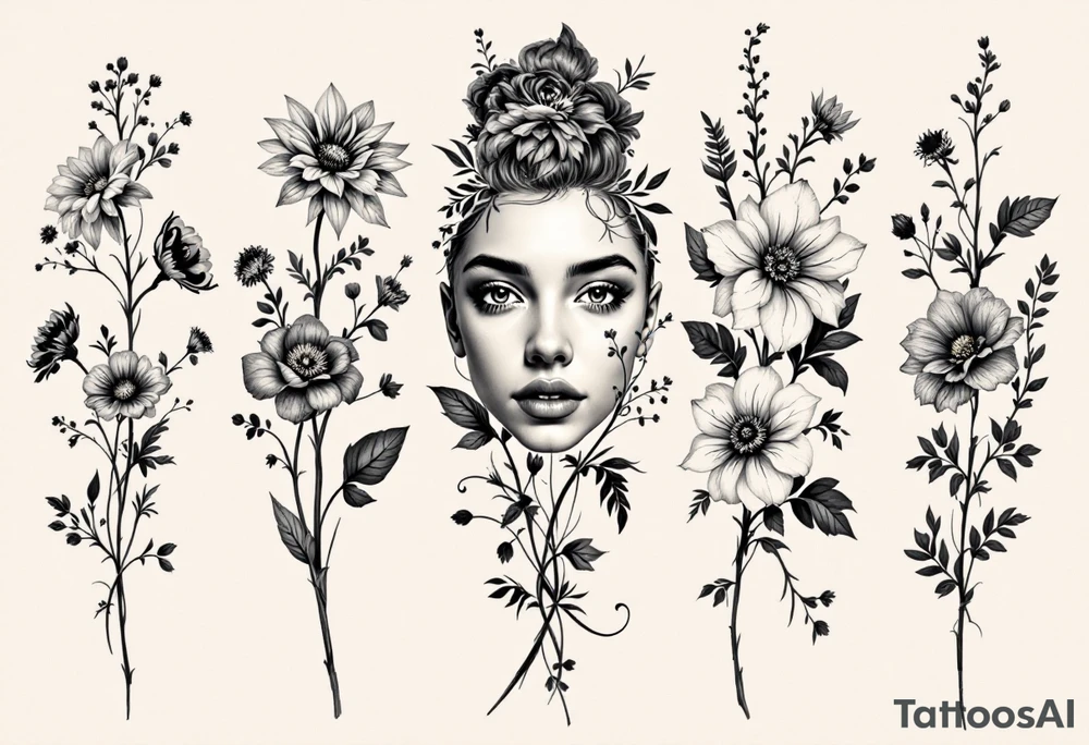A row of birth flowers with the son’s portrait in the center, highlighted in full color, while others are shaded in black. tattoo idea