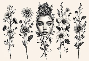 A row of birth flowers with the son’s portrait in the center, highlighted in full color, while others are shaded in black. tattoo idea