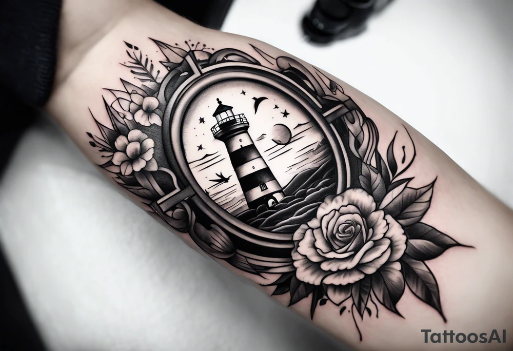 An open book with a lighthouse in the middle and a compass to wrap around forearm tattoo idea