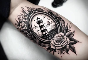 An open book with a lighthouse in the middle and a compass to wrap around forearm tattoo idea