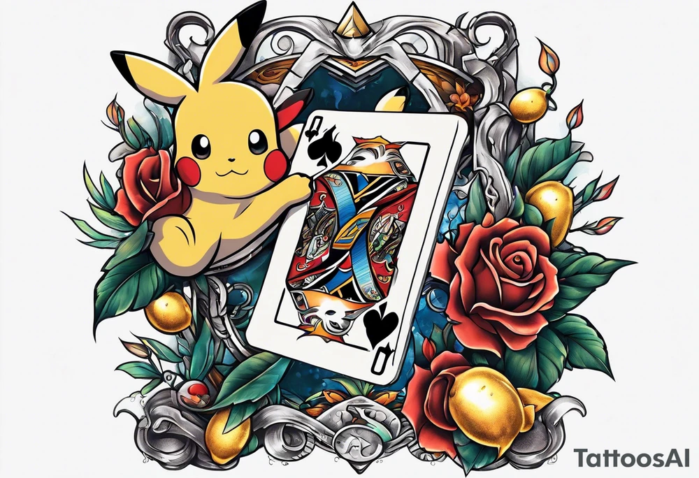 Hand with old school tattoos holding pokemon cards tattoo idea