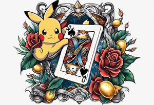 Hand with old school tattoos holding pokemon cards tattoo idea