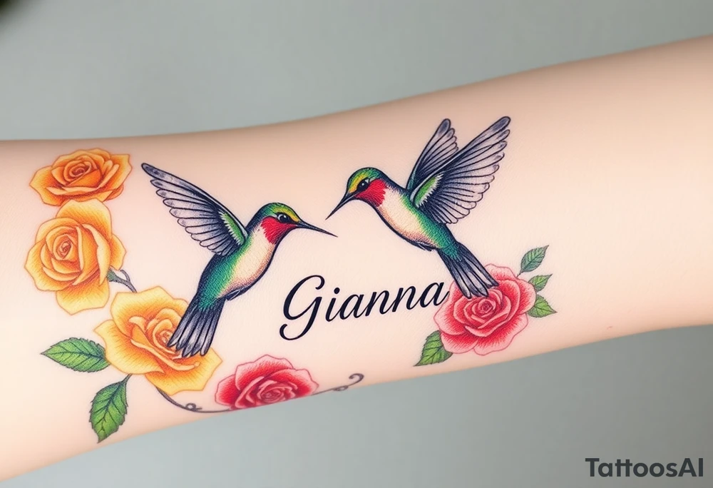 Beautiful majestic hummingbirds, surrounded by yellow, red and purple roses with the name Gianna tattoo idea