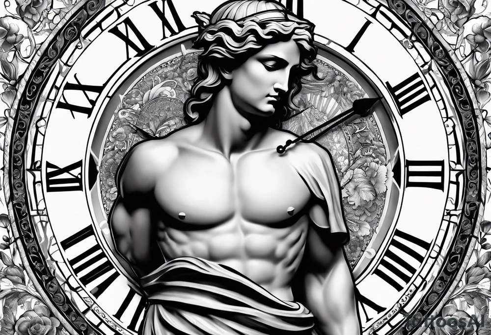 Greek god, timeless clock, rosary tattoo idea