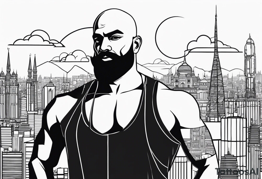 A muscular, bald, bearded, indian man within the cities he relates to- mumbai, new delhi and prague. Minimalistic geometric line tattoo tattoo idea