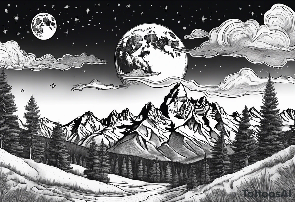 Half sleeve of Teton mountain range with moon in sky tattoo idea