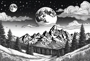Half sleeve of Teton mountain range with moon in sky tattoo idea