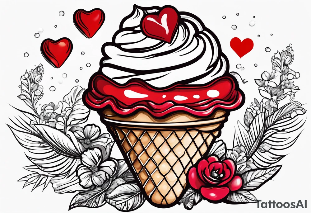 chocolate chip ice cream cone with one red heart tattoo idea