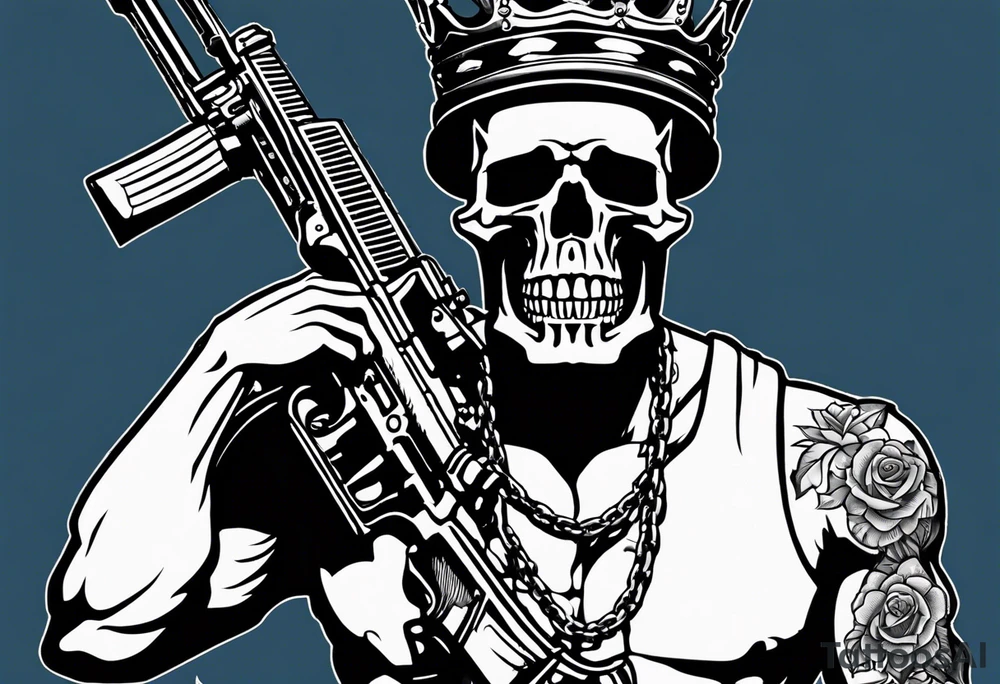 image of a skeleton standing frontally with a crown on his head, holding an AK-47 on his shoulder with his right hand. The chain on the left should be taut, there are three angry barking Dobermans in it, near the waist tattoo idea