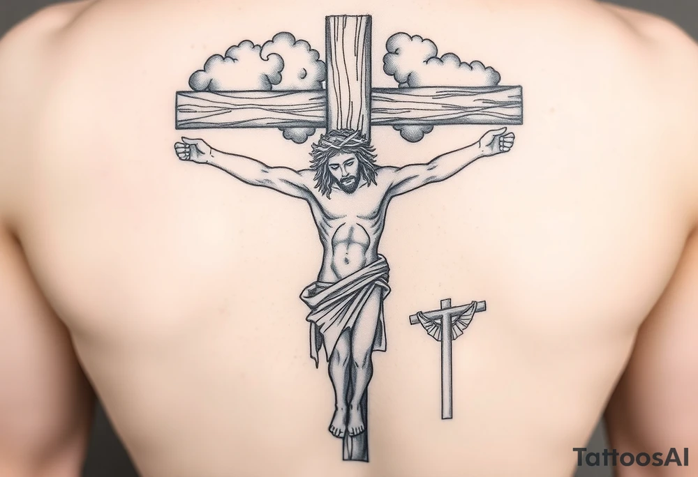 Jesus on the cross with the crown of thorn, blood dripping, the dark clouds above with lightining, the rod that was piereced in his stomach and the people watchig and the two other thieves beside Jesus on their own cross tattoo idea