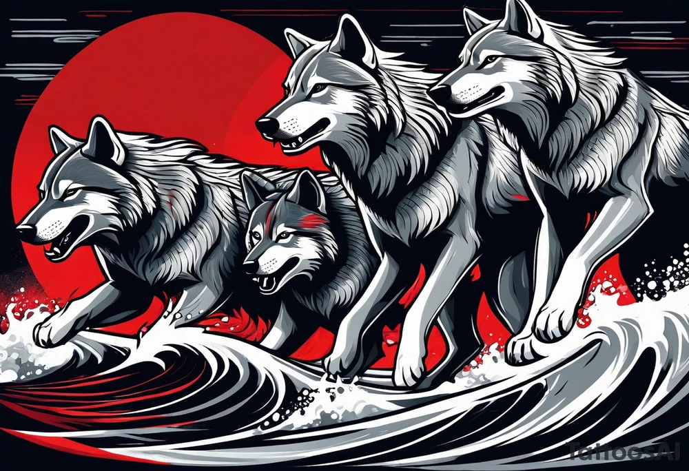 a pack of 3 howling muscular  gray wolves surfing waves with a linear background with red, white and black and gray including the word Howler in an aggressive script font tattoo idea
