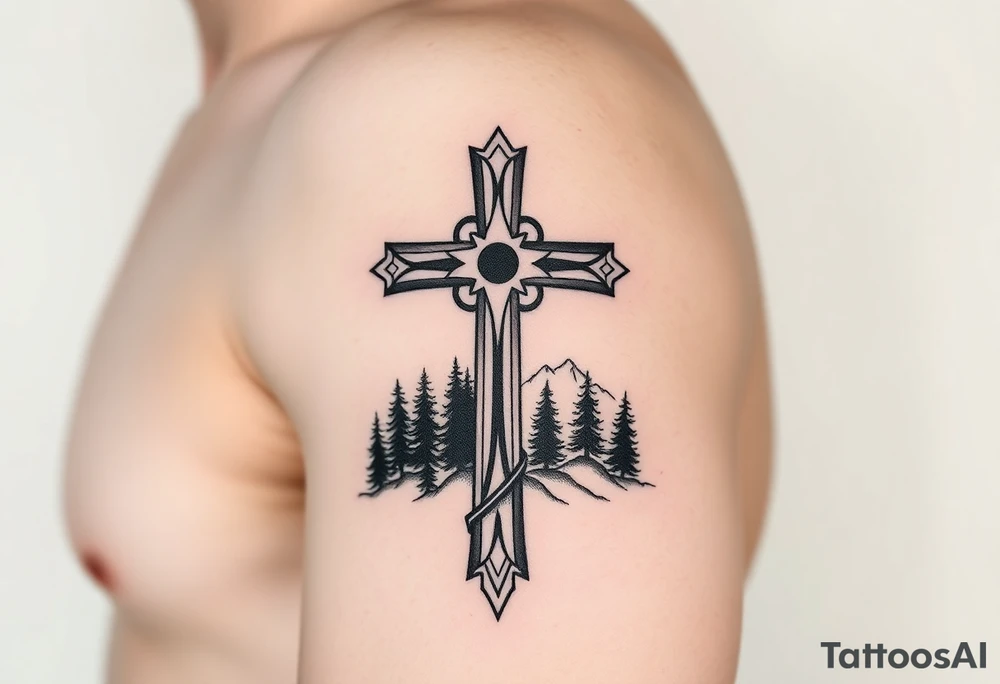 russian christian orthodox cross with the diagonal line at the bottom with a light forrest with a light mountainous setting tattoo idea