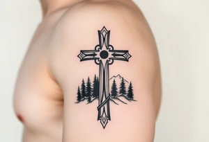 russian christian orthodox cross with the diagonal line at the bottom with a light forrest with a light mountainous setting tattoo idea