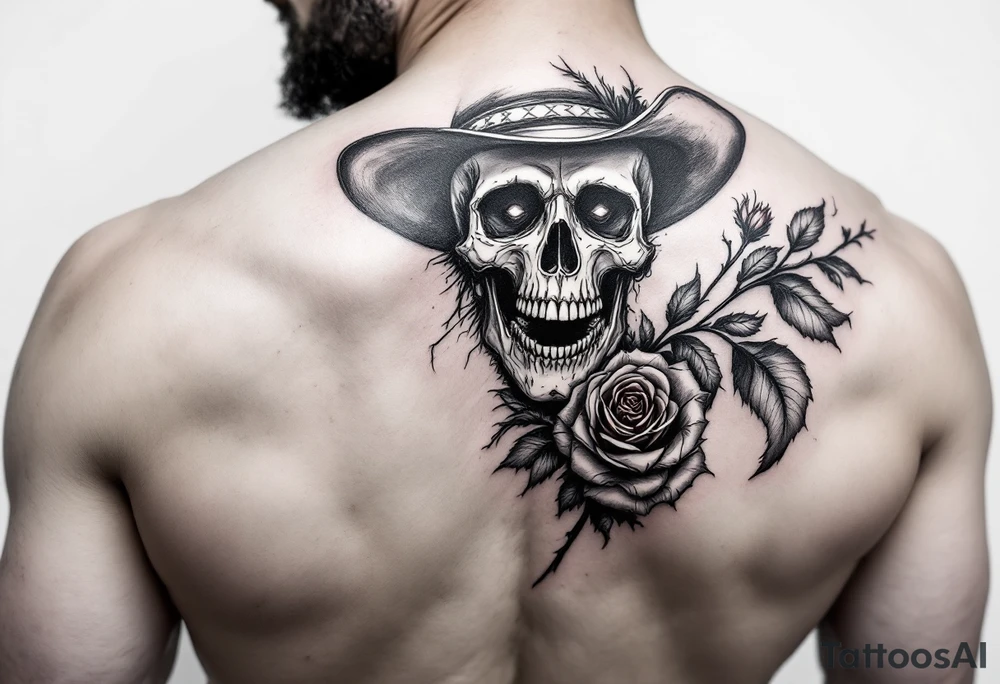skeleton cowboy with rose in teeth tattoo idea