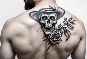 skeleton cowboy with rose in teeth tattoo idea