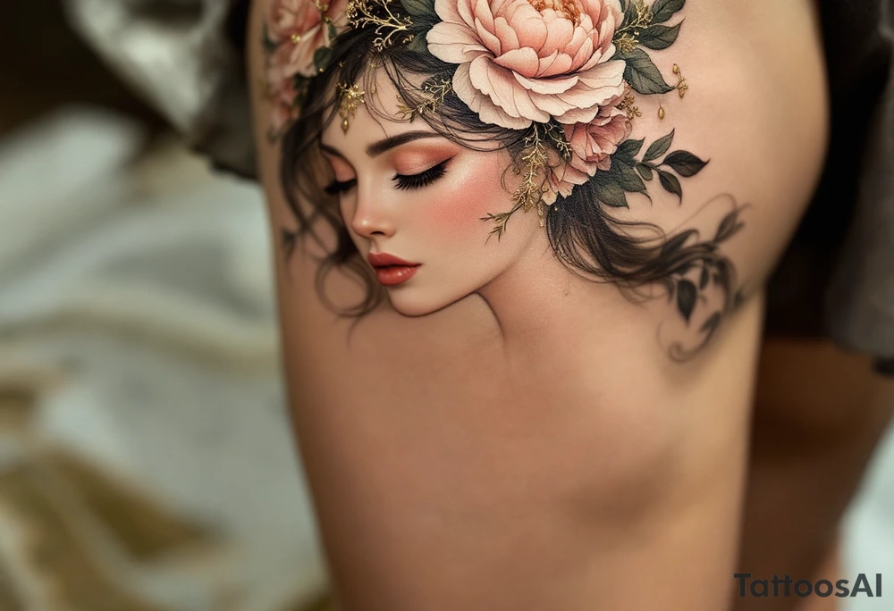 Alfons Mucha’s romantic vision of femininity, dressed in soft gold with a crown of dusty pink peonies and olive filigree. tattoo idea